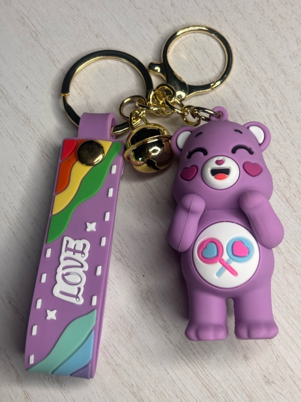 Purple Care Bear Inspired Keychain w/ LOVE Strap & Bell Cute Kawaii Charm